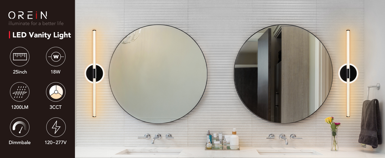 OREiN 25inch LED Vanity Lights Dimmable Bathroom Light 3 Color